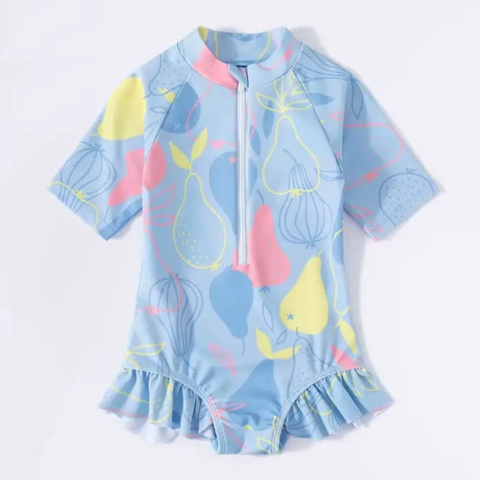 Maillot de bain une pièce à manches courtes pour filles, vêtements de plage pour enfants avec volant