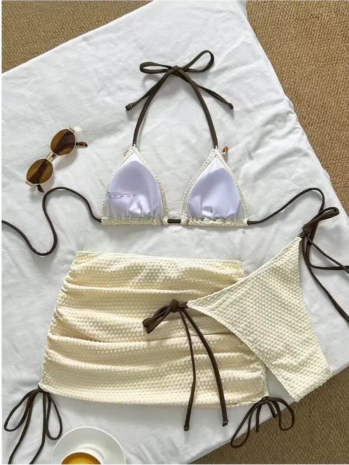 Ensemble bikini 3 pièces texturé pour femme avec dentelle