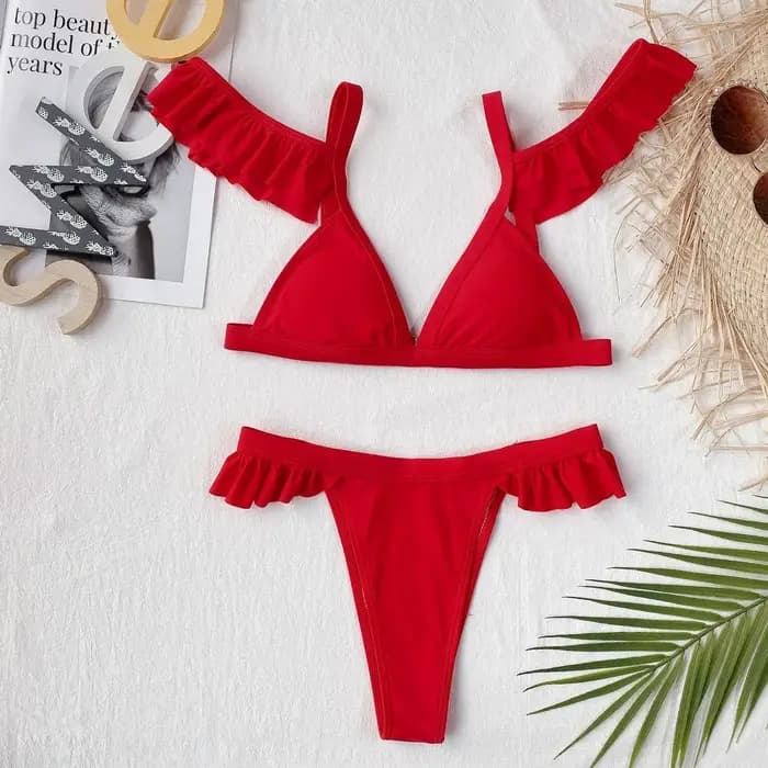 2026 Ensemble de bikinis sexy pour femme, maillot de bain rouge à volants, style triangle, tenue de plage