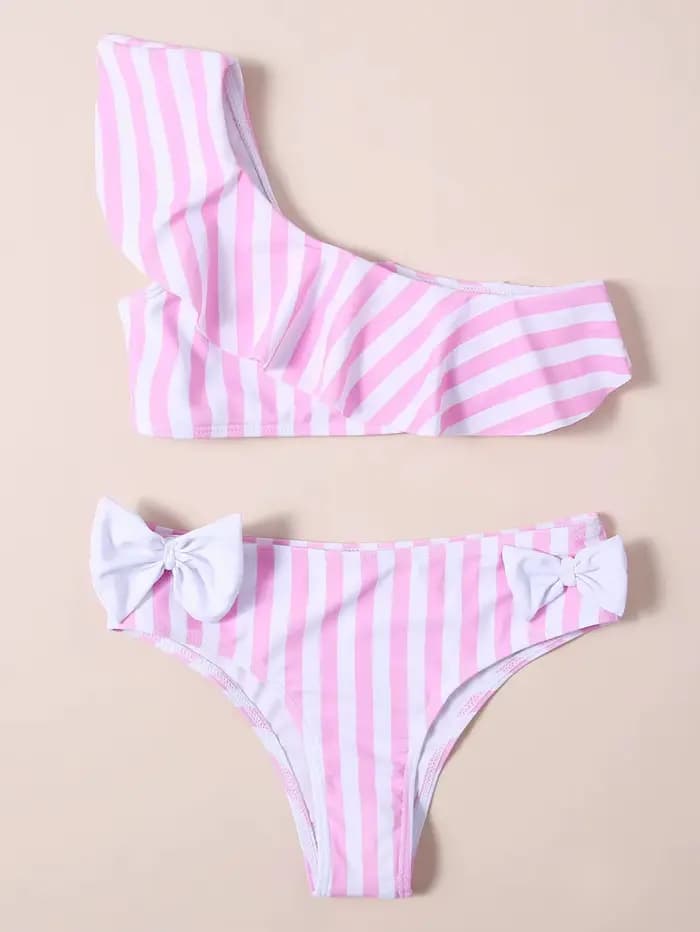 Filles à volants nœud Bikini deux pièces maillot de bain enfants rayé une épaule maillots