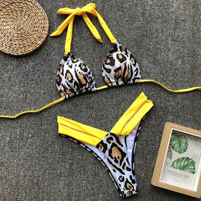 Bikini 2026 Sexy Imprimé Léopard Floral Halter Maillot de Bain Femme Ensemble