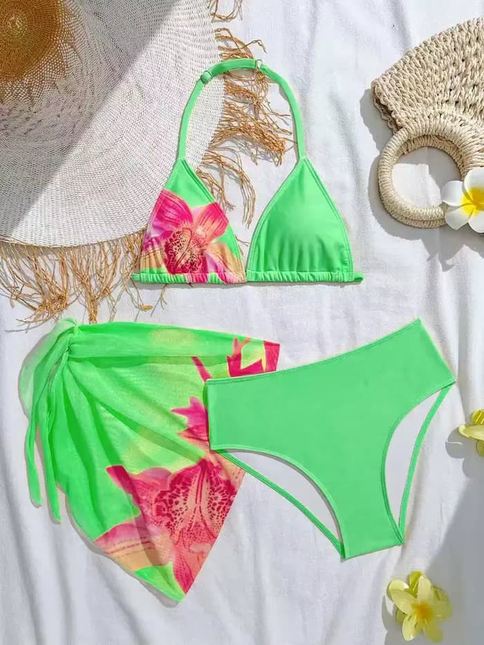 Maillot de bain halter 3 pièces imprimé pour filles 2026 – Bikinis et tenues