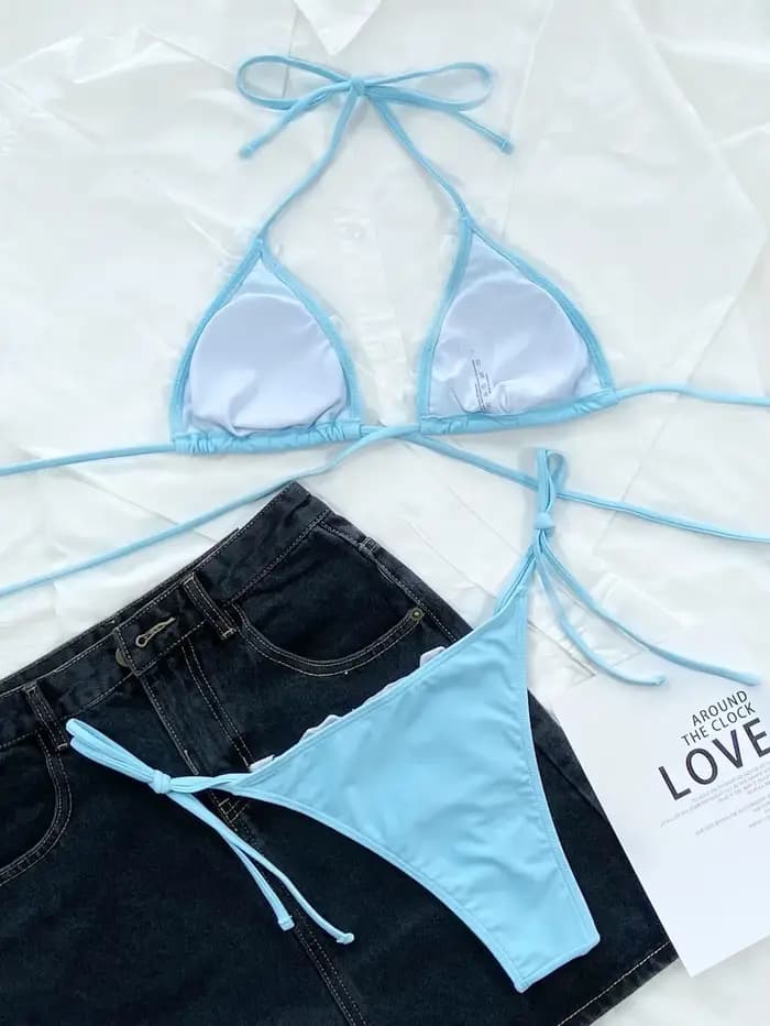 2026 Ensemble de bikini sexy pour femme, maillot de bain triangle en dentelle à col licou, bleu ciel, pour la plage