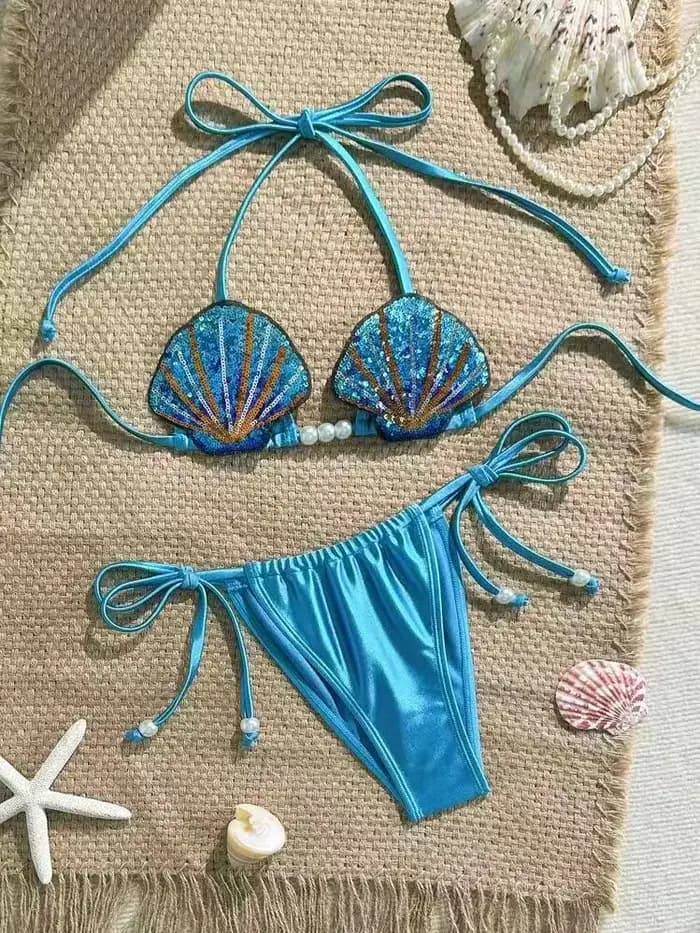 Ensemble de bikini halter brodé de coquillages pour femme Betawoo