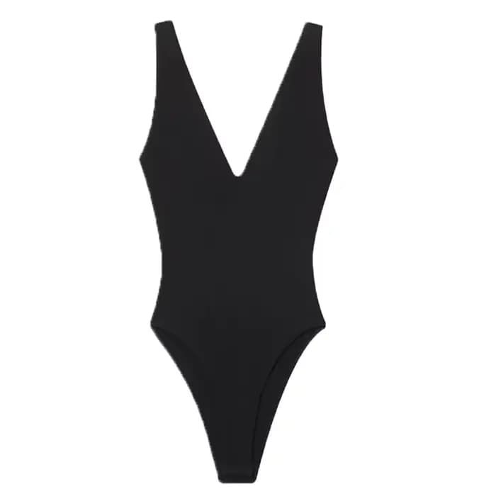 Maillot de bain noir pour femmes, décolleté en V profond, dos nu, hauts Sexy, Body, sans manches, am