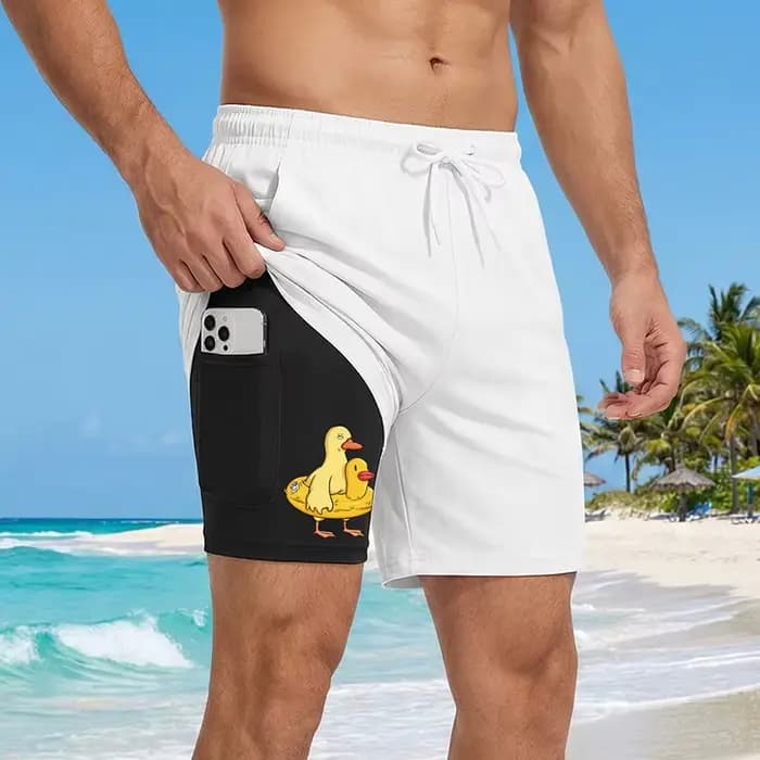 Short de bain 2 en 1 pour hommes avec imprimé canard amusant, poche pour téléphone, short de plage d