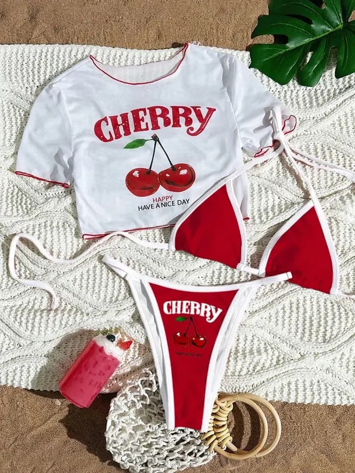 Maillot de bain trois pièces sexy et frais à imprimé cerises, style halter, bleu foncé, collection 2026