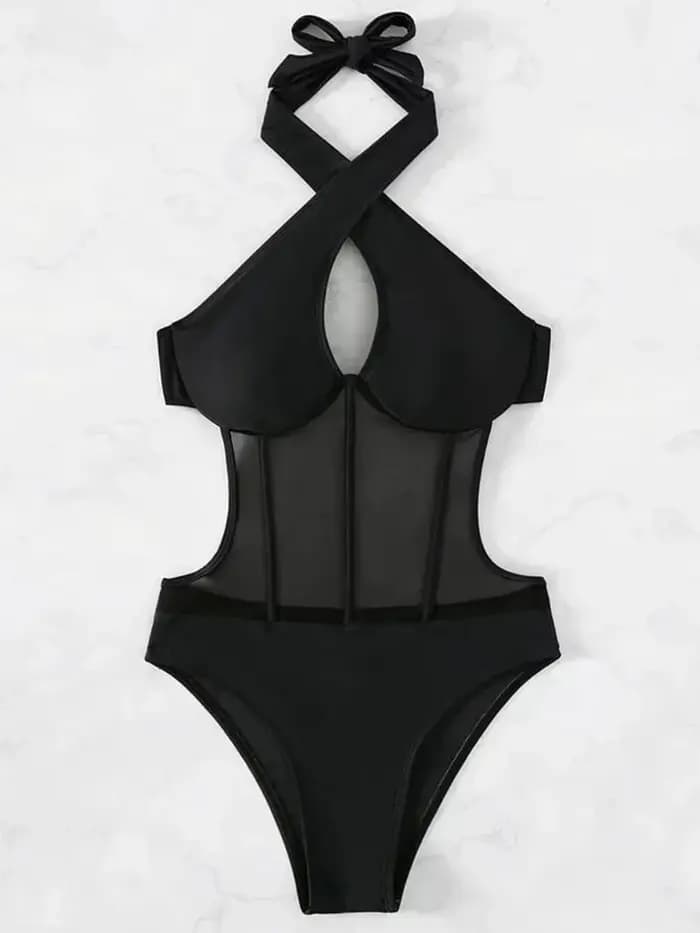 Maillot de bain une pièce dos nu en résille transparente avec armatures pour femme
