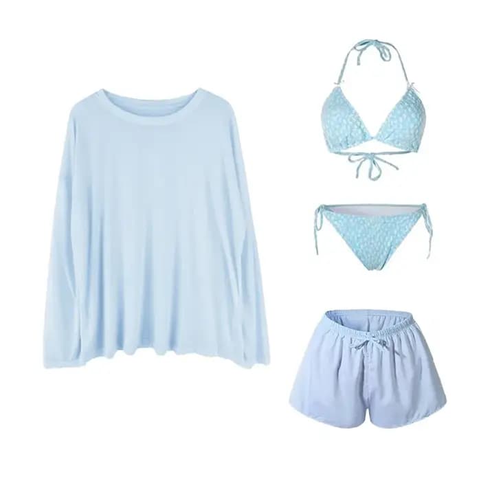 Ensemble de maillots de bain pour femmes à lacets, vêtements de plage, protection solaire, 4 pièces, bikini, maillot de bain ample en maille transparente à manches longues