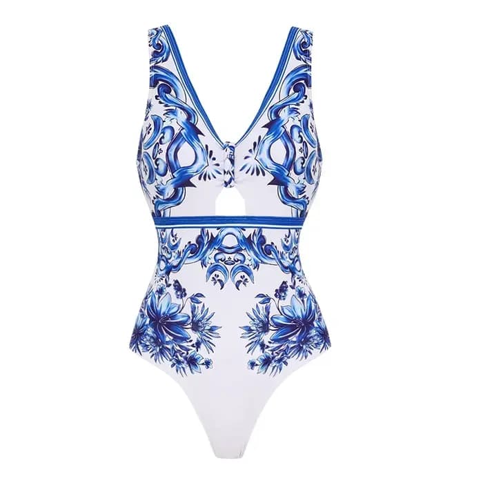 FLAXMAKER-Maillot de bain imprimé Majolica avec nœud décoratif, ensemble une pièce sexy, bikini, push up