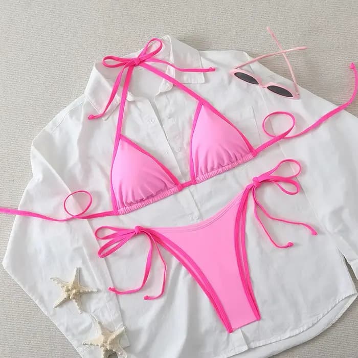 Nouvel ensemble de bikini sexy à lacets pour femme, maillot de bain deux pièces triangle, string à nouer sur le côté, taille basse, maillot de bain brésilien