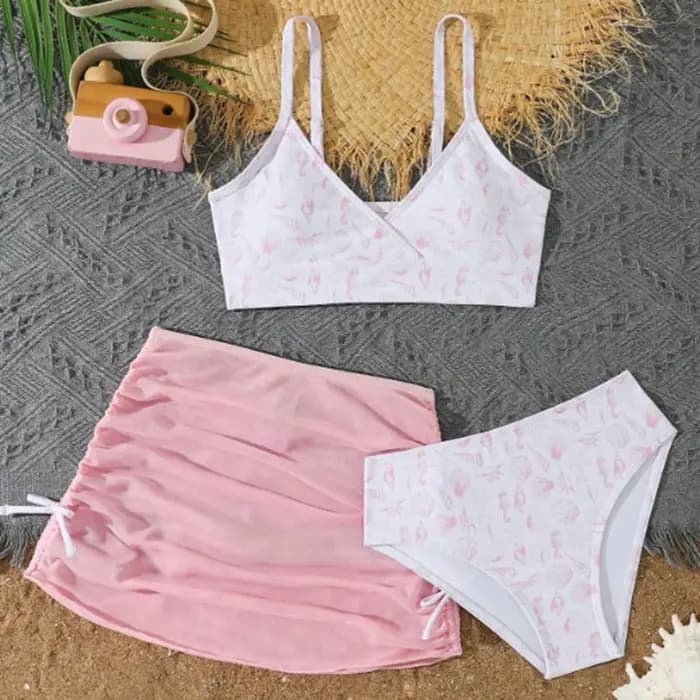 Maillot de bain 3 pièces pour adolescentes, ensemble bikini avec jupe de plage, pour enfants de 8 à 13 ans, maillot de bain pour enfants
