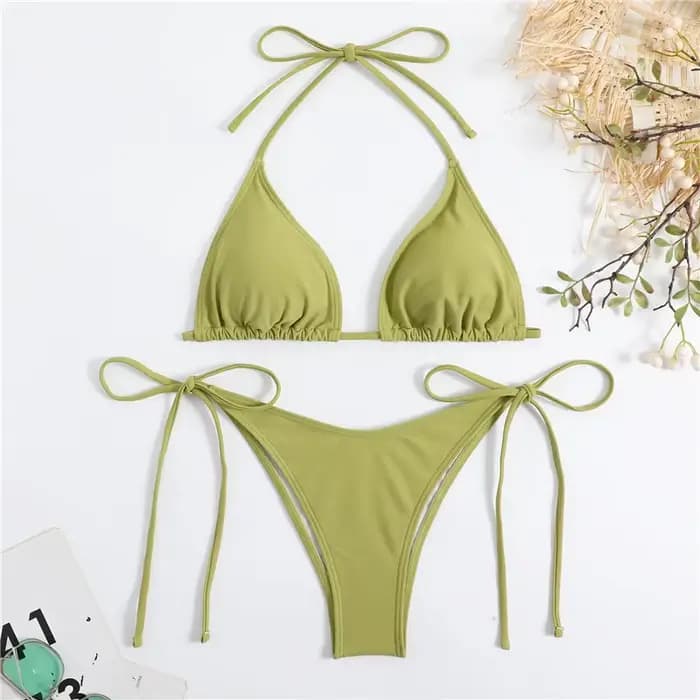 Sexy femmes string couleur unie Bikini ensemble femmes côté licou cravate maillot de bain sangle fendue réglable maillot de bain brésilien maillots de bain