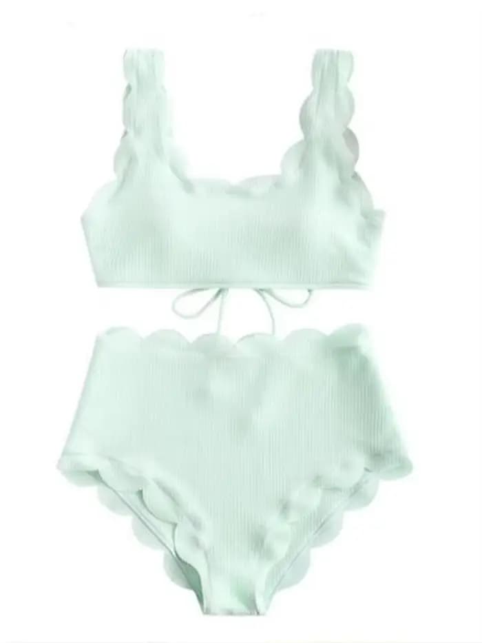 Bleu uni deux pièces maillot de bain maillots de bain Bikini femmes festonné texturé taille haute Bi