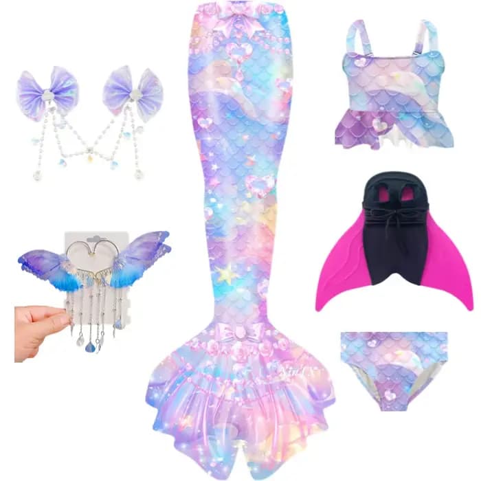 Maillot de bain queue de sirène pour enfants, cosplay monopalme pour enfants, bikini avec oreilles de beauté, palmes d'Halloween, peut nager