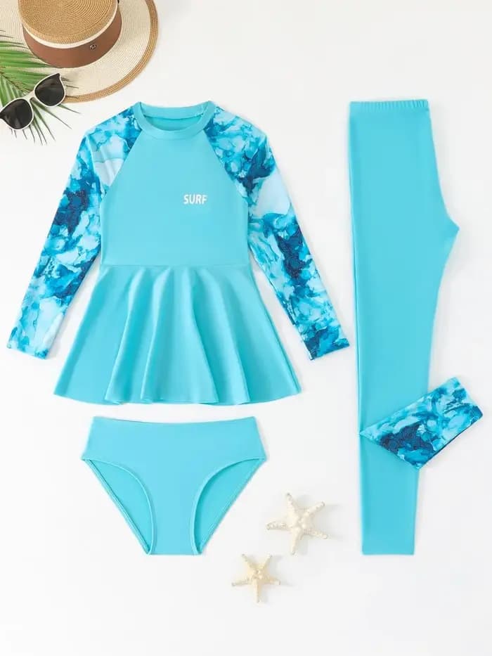 Maillot de bain pour filles 2026 Nouvelle collection – Ensemble 3 pièces tie-dye uni à manches longues