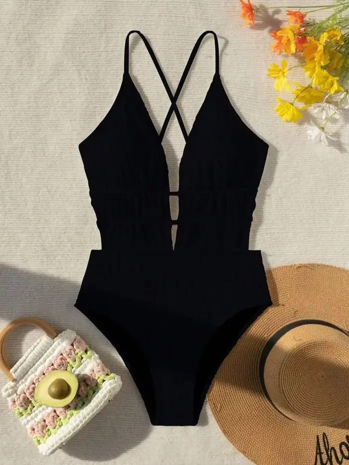 Sexy côtelé maillot de bain une pièce col en v profond Bikinis body dos cravate maillots de bain taille haute maillot de bain maillots de bain Biquini Tankini