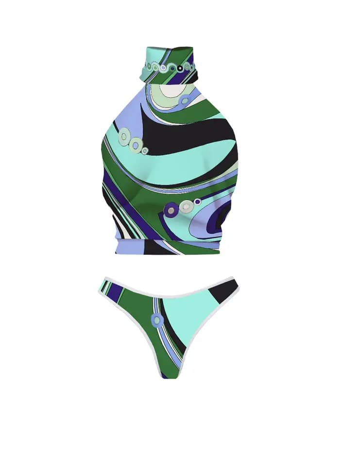 Nouveau Maillot de Bain Deux Pièces Tendance pour Femme 2026 - Design Vert et Bleu Audacieux avec Monokini Halter Unique