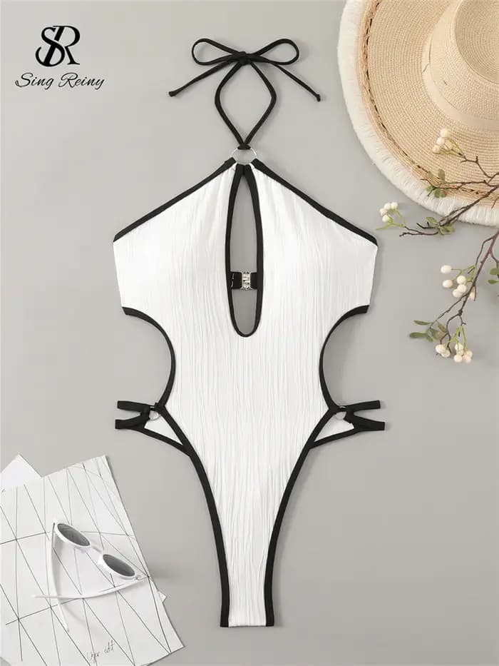 SINGREINY évider licou Bikini maillots de bain gaine irrégulière body court mode femmes dos nu plage Style Sexy combishorts