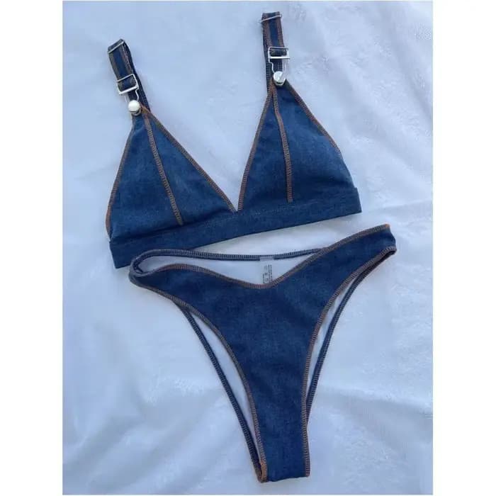 Maillot de bain en denim bleu, taille haute, avec boucles, bordure, pour femmes, tenue de plage, avec bretelles, tendance