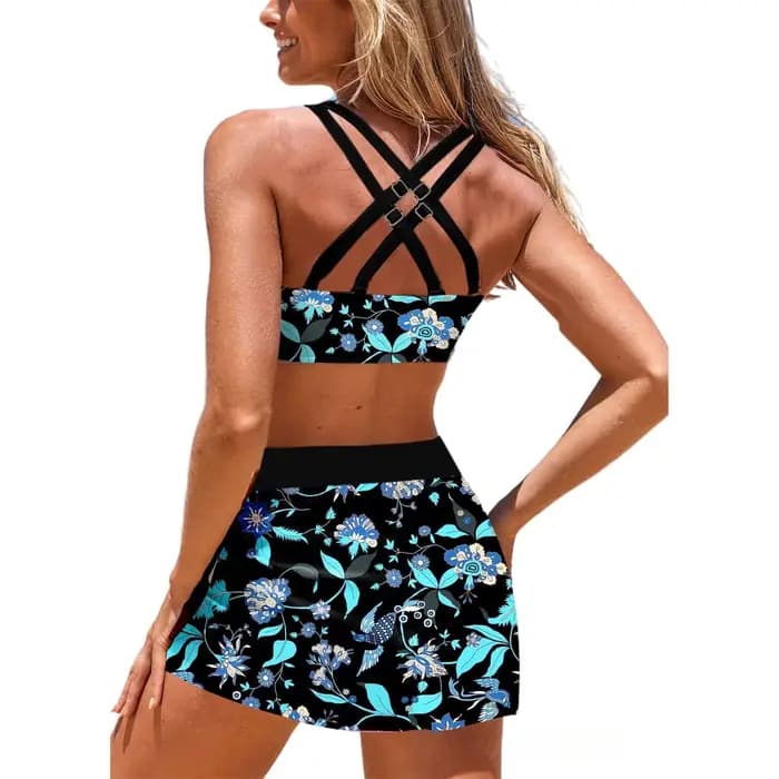 Maillot de bain 2 pièces imprimé cachemire pour femme, haut de bikini dos nu et short de bain taille haute avec jupe et cordon de serrage, idéal pour la plage