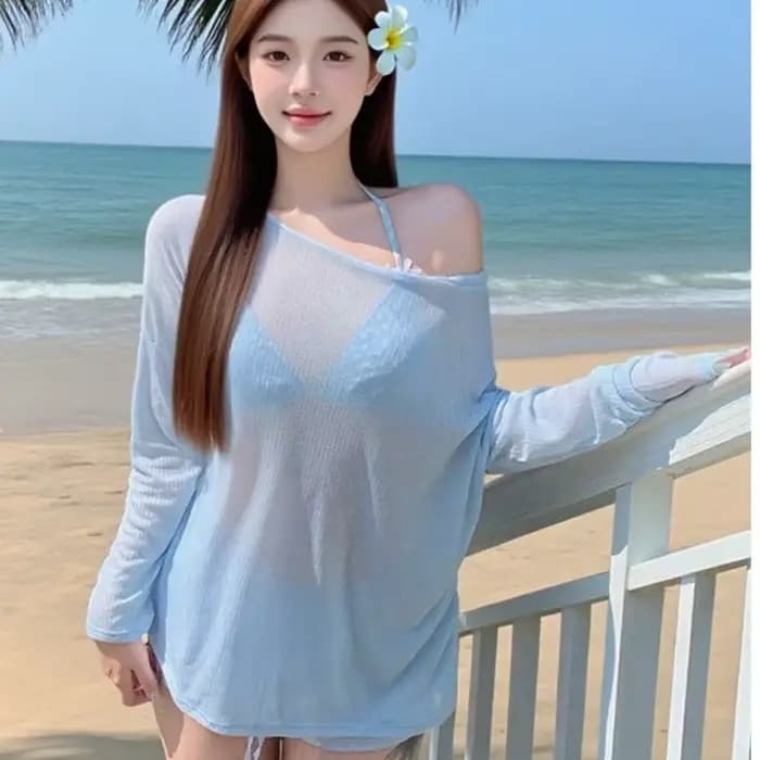 Ensemble de maillots de bain pour femmes à lacets, vêtements de plage, protection solaire, 4 pièces, bikini, maillot de bain ample en maille transparente à manches longues