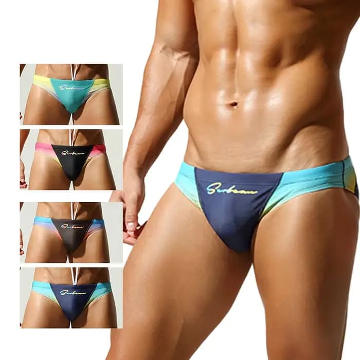 Slips de bain triangle taille basse pour hommes, maillot de bain à cordon de serrage imprimé dégradé, maillots de bain à séchage rapide pour la plage, la piscine et l'été
