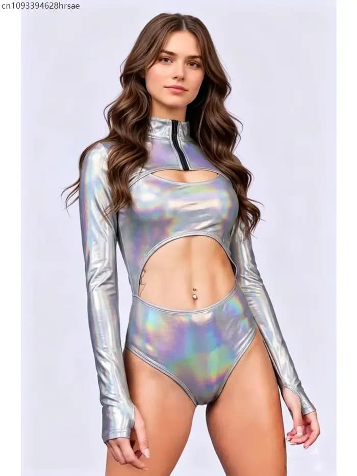 Combinaison irisée découpée à manches longues avec fermeture éclair sur le devant pour femme, maillot de bain une pièce pour la plage, festival de musique, rave party, costumes de cosplay