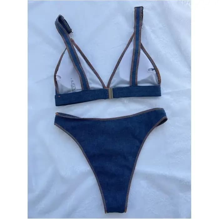 Maillot de bain en denim bleu, taille haute, avec boucles, bordure, pour femmes, tenue de plage, avec bretelles, tendance