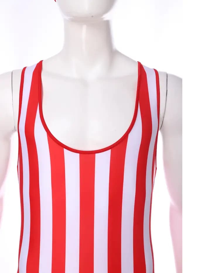 Maillot de bain à séchage rapide pour hommes, avec bonnet de bain, justaucorps sans manches, une pièce rayée, pour le surf, la plage, la piscine