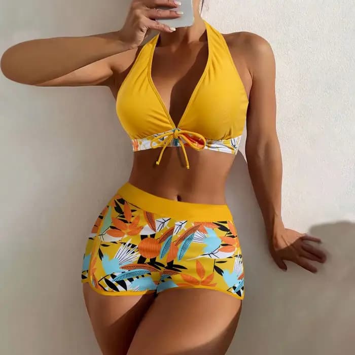 Femmes lambrissé imprimé maillot de bain dames mode Sexy fendu Boxer taille haute