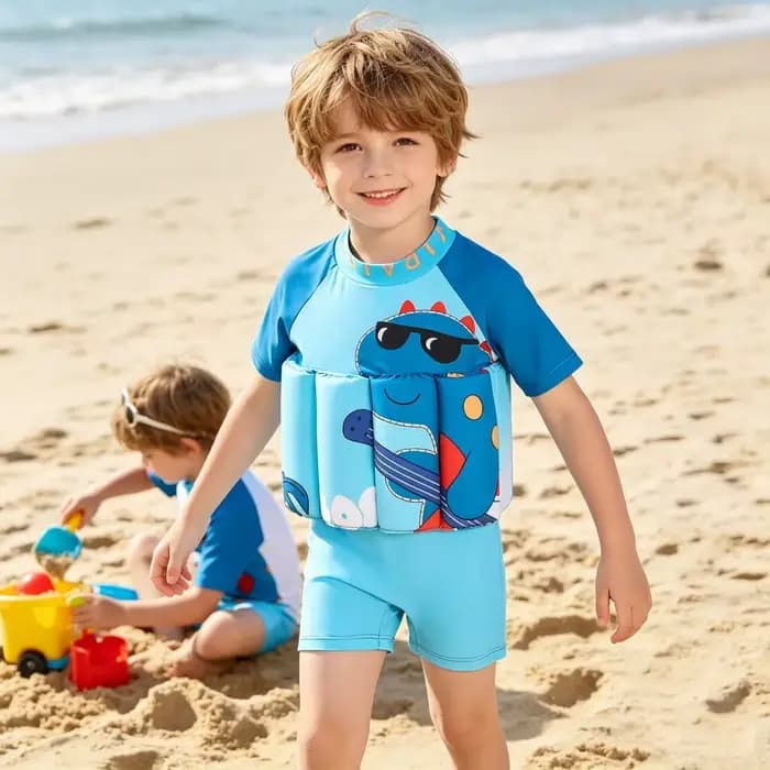 Maillot de bain flottant pour enfants, imprimé dinosaure, à manches courtes, pour garçons, vêtements de plage pour sports aquatiques pour tout-petits