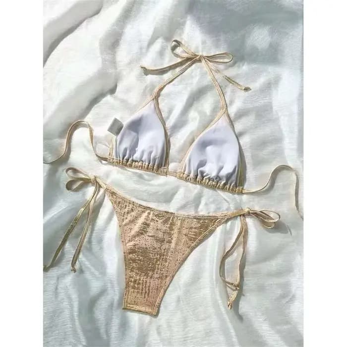 Maillot de bain bikini scintillant à paillettes pour femme, ensemble deux pièces à coupe haute M124