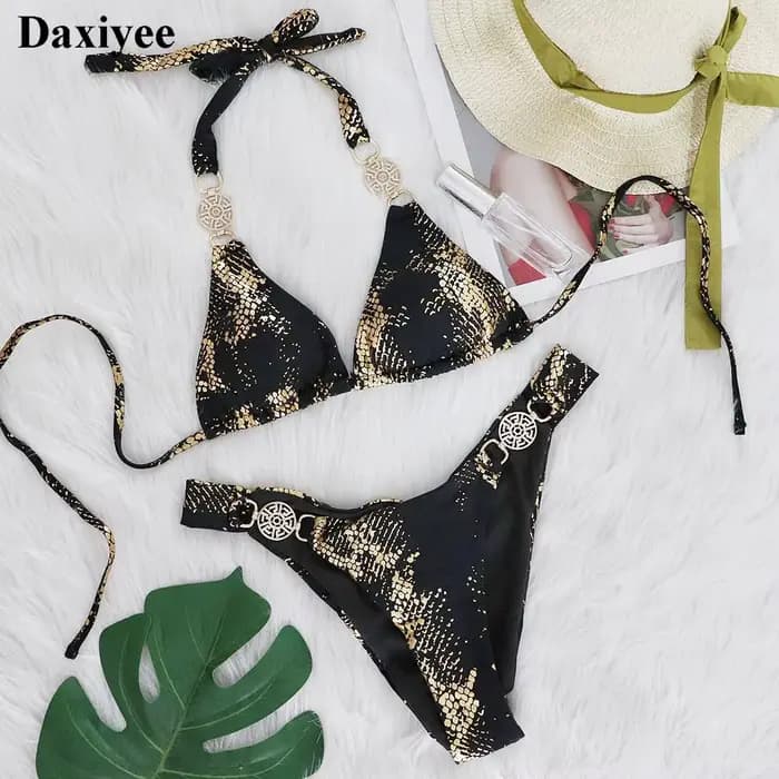 Peau de serpent imprimé licou diamant Bikini ensemble 2024 strass femmes maillots de bain licou String femme maillot de bain coupe haute maillot de bain