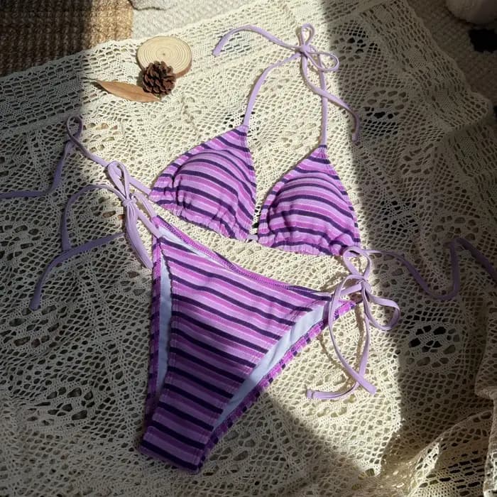 Ensemble bikini rayé pour femmes, maillot de bain sexy, triangle fendu, à lacets, push-up, maillot de bain d'été pour femmes