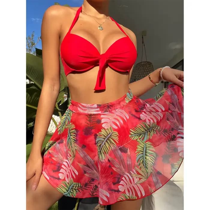 Cikini-Ensemble de bikinis push-up à imprimé tropical pour femme, maillot de bain avec jupe de plage