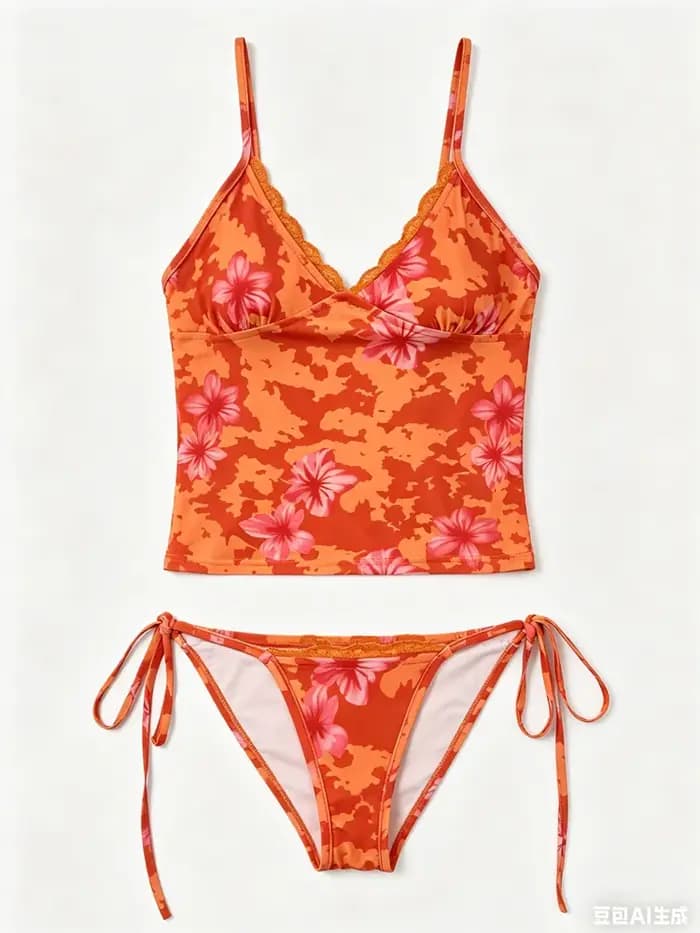 Été Orange Floral Imprimé Tankini Ensemble pour les Femmes