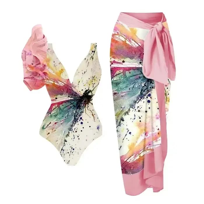 Maillot de bain une pièce imprimé Floral, col en V, à volants, jupe pour femmes, Vintage, vêtements