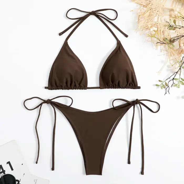 Sexy femmes string couleur unie Bikini ensemble côté licou cravate maillot de bain dames sangle fendue réglable