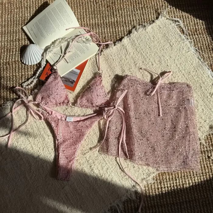 Ensemble de maillot de bain 3 pièces pour femme avec jupe sarong en résille