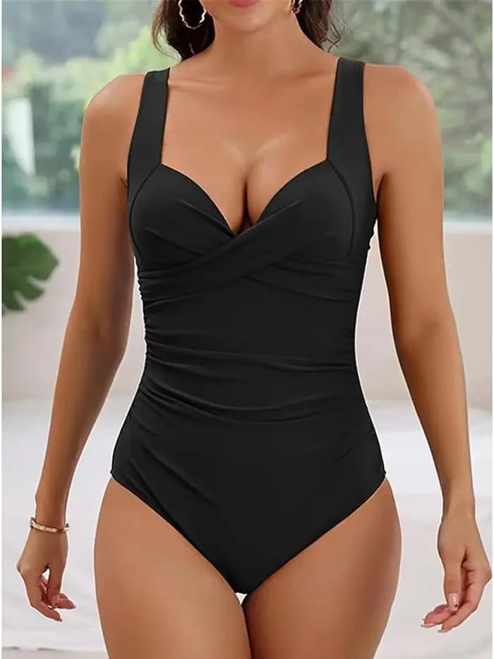 Maillot de bain une pièce sexy à volants croisés pour femme, style vintage, couleur unie, collection 2026