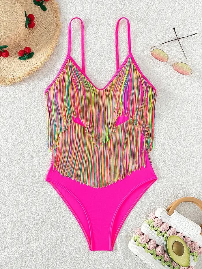 Maillot de bain une pièce sexy et coloré à franges 2026 pour femme, rose vif, push-up, effet ventre plat, dos nu, monokini de plage