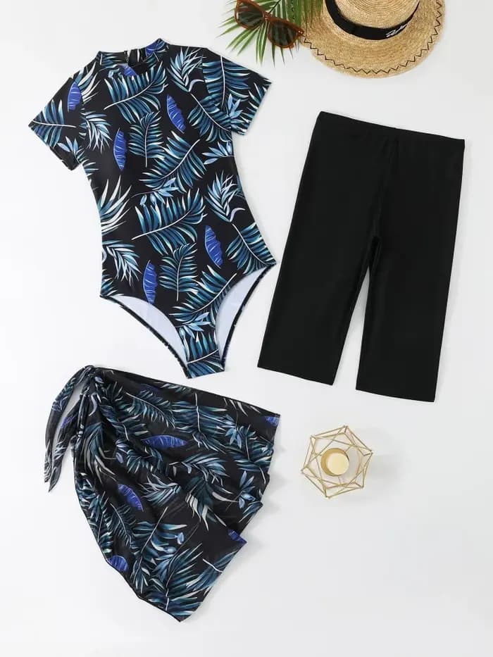 Maillot de bain une pièce femme 2026, nouveau motif feuilles, manches courtes, maillot de bain d'été uni, short 3 pièces, tenue de plage, maillot de bain féminin
