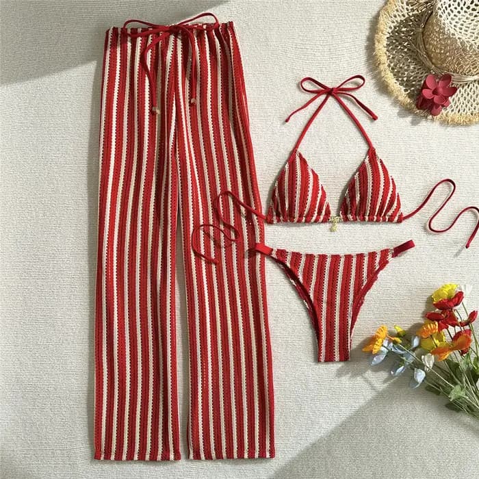 Maillot de bain trois pièces pour femme, ensemble bikini brésilien à rayures avec pantalon, maillot de bain V7838