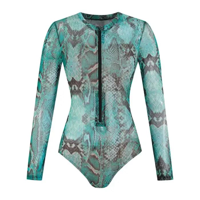 Maillot de bain une pièce à manches longues imprimé serpent turquoise, fermeture éclair sur le devant, coupe haute, monokini pour femme, idéal pour le surf estival