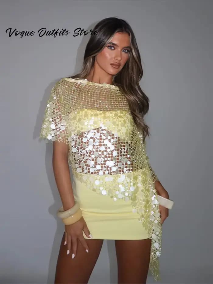 Ensemble 3 pièces Y2K à sequins : Cache-maillot