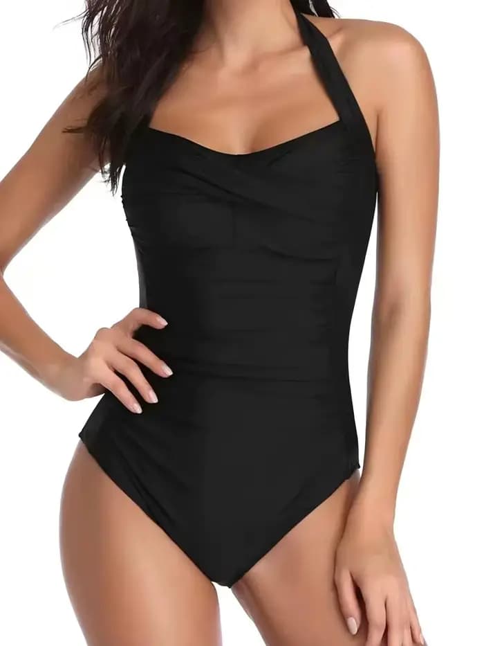 Maillot de bain une pièce froncé à col montant pour femme 2026 – Sexy, uni, pour la plage et l'été