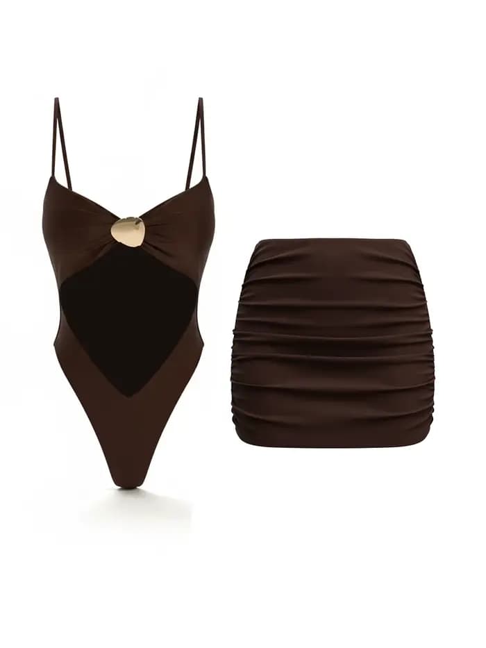 Ensemble de maillot de bain 2 pièces marron de luxe pour femme, avec découpes et mini-jupe froncée, tenue de plage et de piscine K381