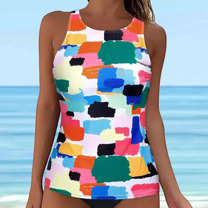 Femmes Tankini maillots de bain hauts été haut de bain maillot de bain mode rayé imprimé fleuri maillot de bain sans manches col rond dos nu Bikini
