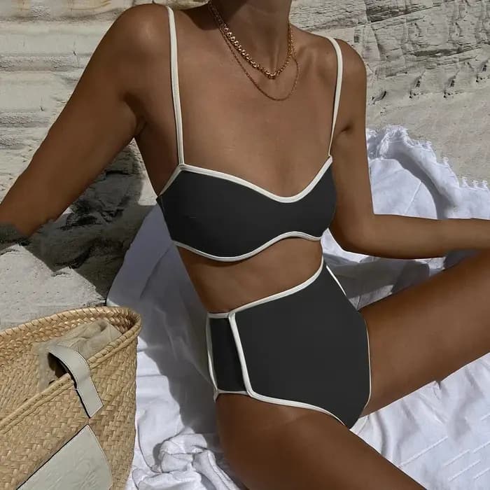 Noir 2 pièces Bikini ensemble maillot de bain 2025 Vintage taille haute maillots